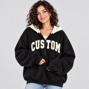Sudadera con capucha de dos tonos personalizada con contraste, negra, con cremallera, para mujer, estilo oversize, con hombros caídos, de forro polar, estilo streetwear. - Product Image 1