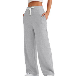 Pantalon droit gris en tricot pour femme, taille mi-haute, fermeture élastique, longueur intégrale, style décontracté automne, couleur unie, respirant, 100 % coton - Product Image 6