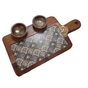 Juego de bandejas de madera de acacia para servir con plato de aperitivo impreso y tazón de patatas fritas y DIP juego de entretenimiento hecho a mano para fiestas de aperitivos - Product Image 1