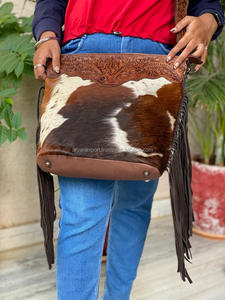 New Best Seller Hand Tooled Leather Western Women Crossbody Purse Hair on Cowhide Fringe Genuine Leather Handbag Wholesale Purse - Product Image 3