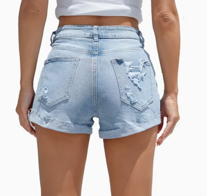 Shorts de Mezclilla Rasgados de Cintura Alta para Mujer, Corte Regular, Lavado Claro, Cierre con Cordón, Tejido de Punto, Suave y Transpirable, para Verano - Product Image 6