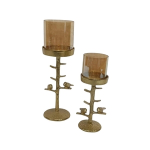 Juego de Portavelas Geométricos Dorados Estilo Brutalista, Pedestal de Madera con Detalles de Mármol, Portavelas de Vidrio para Decoración de Sala de Estar - Product Image 4