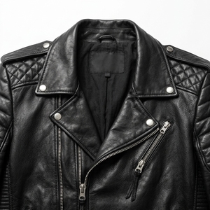 Chaqueta de Motociclista de Cuero Genuino para Hombre, Corte Ajustado, Color Negro, Cuello Camisero, Cierre de Cremallera - Product Image 6