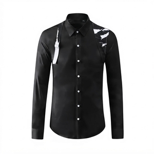Men's Designer Casual Long Sleeve <b>Shirt</b> with Unique Shoulder <b>Patchwork</b> & Decorative Strap Detail Wholesale Button Up <b>Shirt</b> - Product Image 1