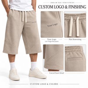Shorts en molleton de coton 3/4 pour homme, taille élastique avec cordon de serrage, beige, coupe ample, poches latérales, streetwear décontracté, marque privée - Product Image 3