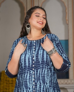 Women's Plus Size Cotton Anarkali Kurti Blue Tie And <b>Dye</b> Printed Round Neck Three Quarter Sleeves Comfortable Wear - Product Image 2