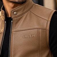 Gilet sans manches en cuir véritable pour homme Saleh, col roulé, fermeture éclair sur le devant, couleur unie, décontracté, streetwear d'hiver, rembourré en coton