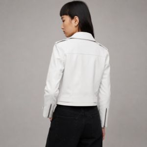 Veste de motard en similicuir blanc pour femme – Veste moto ajustée avec ceinture - Product Image 2