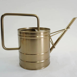 Regadera de metal dorado de primera calidad con pico largo para el cuidado de plantas en balcones, terrazas y patios, hecha a mano en India. - Product Image 1