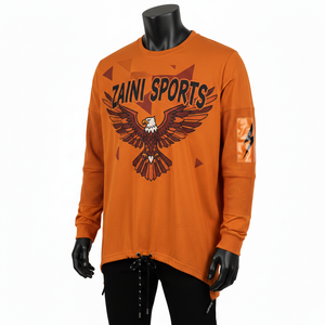 Camiseta deportiva de manga larga para hombre, 220 GSM, algodón y poliéster, color naranja quemado, paneles acanalados, estampado en serigrafía, logotipo personalizado. - Product Image 4
