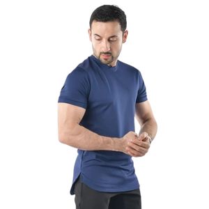 <b>Men</b> Navy Blue <b>Curved</b> <b>Hem</b> <b>T</b> <b>Shirt</b> Short Sleeve Crew Neck Casual Slim Fit Lightweight Blank Custom Apparel Manufacturer Factory - Product Image 2