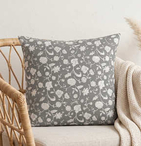 <b>Grey</b> Hand Block Printed Pillow <b>Cover</b> Garden Floral Accent Cushion Scandinavian Organic Modern Decor - Product Image 1