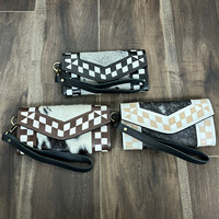 Portefeuille-pochette en cuir de vache véritable tendance 2025 pour femmes, fait à la main, motif à carreaux rouge et blanc, portefeuille en cuir à poils