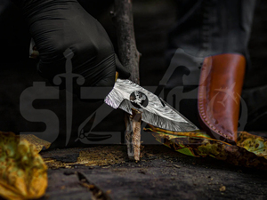 Couteau de chasse OEM Wirecut en acier Damas, couteau à dépecer, lame fixe avec manche en bois de cerf, couteau de camping et d'extérieur EDC avec étui en cuir - Product Image 3