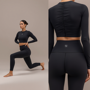 Ensemble de yoga noir pour femme For Under : Leggings taille haute et crop top, sans couture, en spandex, séchage rapide, respirant, 2 pièces - Product Image 2