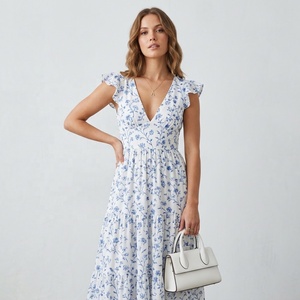 Nouvelle Robe Longue Élégante à Col Carré et Taille Haute, Manches Courtes, Imprimé Floral, pour Femme, Idéale pour Soirées, Tenues Décontractées et Quotidiennes, Personnalisable OEM/ODM - Product Image 2
