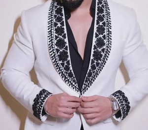 <b>Men</b>’s <b>White</b> Embroidered Blazer with Black Shawl Lapel | Designer Wedding Party Tuxedo <b>Jacket</b> - Product Image 2