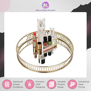 Leaders in Selling Top Notch Quality Home Decor Iron Glass Material Made Round Golden Metal <b>Mirror</b> Tray from India at Low Price - Product Image 3
