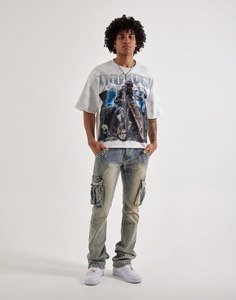 Camiseta Personalizada Estilo Vintage con Lavado Ácido, Estampado Gráfico, Corte Holgado y Recortado para Hombre - Product Image 3