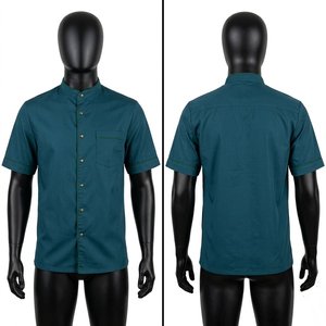 Chemise de barbier pour homme en polyester non tissé 100% premium, col rond, manches courtes, respirante, séchage rapide, bleu turquoise foncé, fermeture à boutons contrastés - Product Image 1