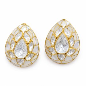 Boucles d'oreilles de luxe artisanales plaquées or avec diamants Polki, motif lotus indien traditionnel, clous d'oreilles imposants pour mariées, vente en gros - Product Image 1