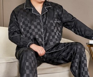Nightwear Knitted Soft Summer Lapel Collar Long Sleeve Pants <b>Cardigan</b> Pajamas Room Lounge Wear for Fat Men - Product Image 4