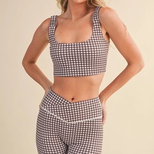 Yellow Plaid 2-Piece <b>Set</b> <b>Square</b> Neck Crop Top High Elastic Waist Shorts Spaghetti Strap Breathable Spandex/Polyester Yoga Wear - Product Image 5