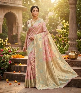 Elegante Saree de Seda Pura en Rosa Pálido y Verde para Mujer, Saree Tradicional Kancheepuram para Bodas, Fiestas, Diseño Étnico Indio - Product Image 1