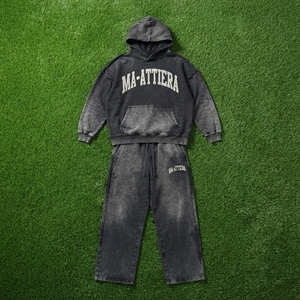 Conjunto de Sudadera con Capucha y Pantalones Deportivos Extra Grandes para Hombre, Color Negro Lavado, Algodón y Felpa, Ropa Deportiva Urbana, Venta al Por Mayor OEM - Product Image 6