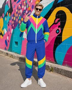 Ensemble de survêtement pour homme avec blocs de couleur bleu, jaune, rose, vert, manches longues, fermeture éclair, style sportif décontracté, pour le printemps - Product Image 5