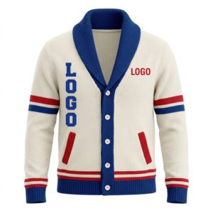 Cardigan en tricot à col roulé blanc personnalisé pour femmes Kansas, à manches longues, avec broderies en chenille et logos. - Product Image 5