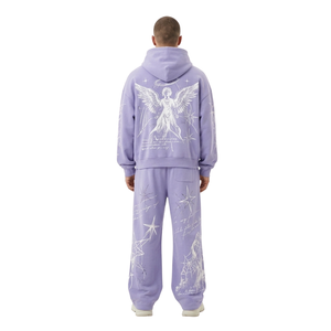 Survêtement en coton pur lavande pastel, sérigraphié, à manches longues tombantes, respirant, décontracté et confortable, avec capuche, vente en gros - Product Image 2