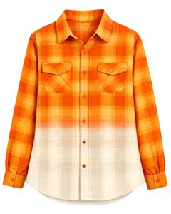 Chemise en flanelle à carreaux ombrés orange pour femme, personnalisée par le fabricant, à manches longues, boutonnée, décontractée, avec deux poches poitrine - Product Image 1