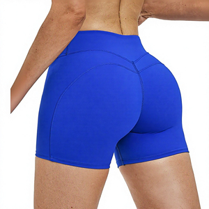 Shorts de Yoga Azules de Cintura Alta para Mujer, Shorts Deportivos de Compresión Sin Costuras, Color Sólido, Elásticos en Cuatro Direcciones, Pantalones de Fitness para Entrenamiento - Product Image 3