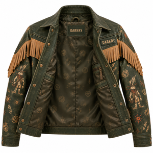 Chaqueta de Cuero Personalizada para Hombre, Estilo Biker Occidental con Flecos, Piel Genuina de Vacuno Verde Oliva, Fabricante de Ropa Exterior al por Mayor OEM ODM - Product Image 5