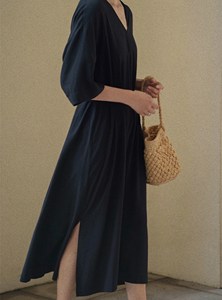 Women Black Plain Cotton Linen Maxi <b>Dress</b> With V-Neck <b>Loose</b> Fit 3/4 Sleeve Summer Casual <b>Dress</b> For Women - Product Image 5