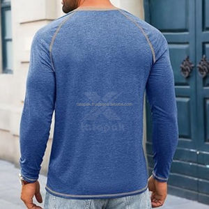 Solid Knitted Cotton V-neck <b>Long</b> <b>Sleeve</b> Regular Fit T-Shirt Silk Screen Printing Quick Dry Fabric <b>Men</b> Club Event Wear 180g - Product Image 3