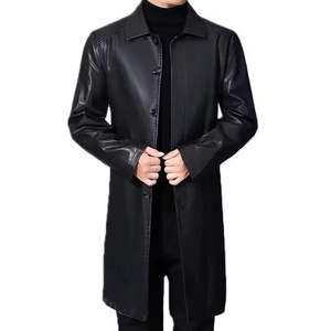 Manteau en cuir pour homme le plus vendu, long, d'hiver, style trench avec détails en fourrure, boutonné, logo personnalisé, haute qualité, grandes tailles - Product Image 1