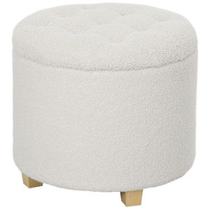 Pouf Rotondo in Tessuto Teddy da 18 Pollici con Bottoni Trapuntati, Contenitore e Gambe in Legno Bianco per Soggiorno e Corridoio - Product Image 1