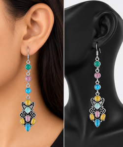 Boucles d'oreilles longues multicolores en forme de cloche, MOQ |   Bijoux fantaisie plaqués argent antique pour femmes, vente en gros directe d'usine - Product Image 2