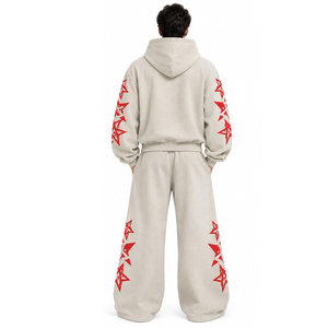Ensemble de survêtement vintage tendance à capuche, coupe ample, style streetwear, avec sweat-shirt et pantalon imprimés étoiles rouges et poches latérales - Product Image 3