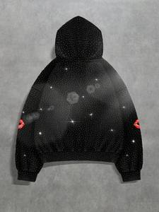 Sudadera con capucha de algodón polar con estampado de labios y gráfico de diamantes de imitación, estilo oversize, streetwear, diseño de marca privada - Product Image 3