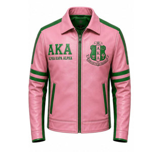 Chaqueta Bomber de Cuero Rosa Bordada Alpha Kappa Alpha AKA para Hombre, Cuello Camisero, Cierre de Cremallera, Estilo Moto - Product Image 2