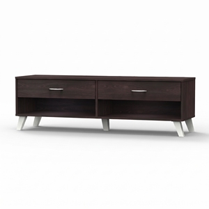 Meuble TV moderne 2635 en bois large avec 2 tiroirs et étagères de rangement ouvertes, unité de divertissement pour salon à poser au sol - Product Image 3
