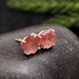 Boucles d'oreilles hexagonales en quartz fraise naturel, argent sterling 925 plaqué or, bijoux ethniques faits à la main, cadeau pour femme - Product Image 6