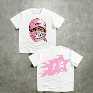 White Men's T-<b>Shirt</b> With Pink Character Print Street Style Short Sleeve O-Neck Regular Fit Cotton Jersey - Product Image 1