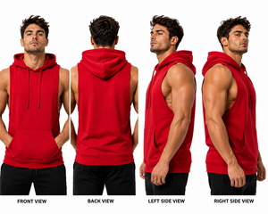 Red Muscle Fit Sleeveless Eco-Friendly Quick Dry Breathable Gym Hoodie for Men Hooded Workout <b>Vest</b> Bodybuilding Fitness Sports - Product Image 3