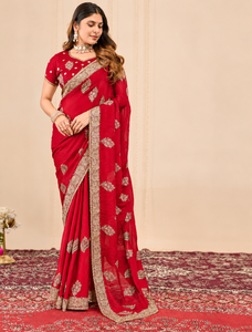 Vexotrend India Pakistan Premium Velvet Satin Traditional <b>Saree</b> for Women Embroidery Swarovski Wrinkle-Free Quick-Dry - Product Image 3
