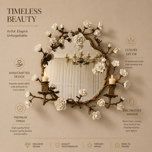 Luxury Floral Metal <b>Wall</b> <b>Mirror</b> with White Rose Accents Vintage Decorative | Round <b>Mirror</b> Elegant Handmade Home Decor Art Piece - Product Image 2