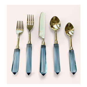 Juego de cubiertos de acero inoxidable 18/10 con mango de resina, cuchara para postre, tenedor para cena, cuchillo, cubiertos dorados de primera calidad, vajilla plateada para mesa - Product Image 3